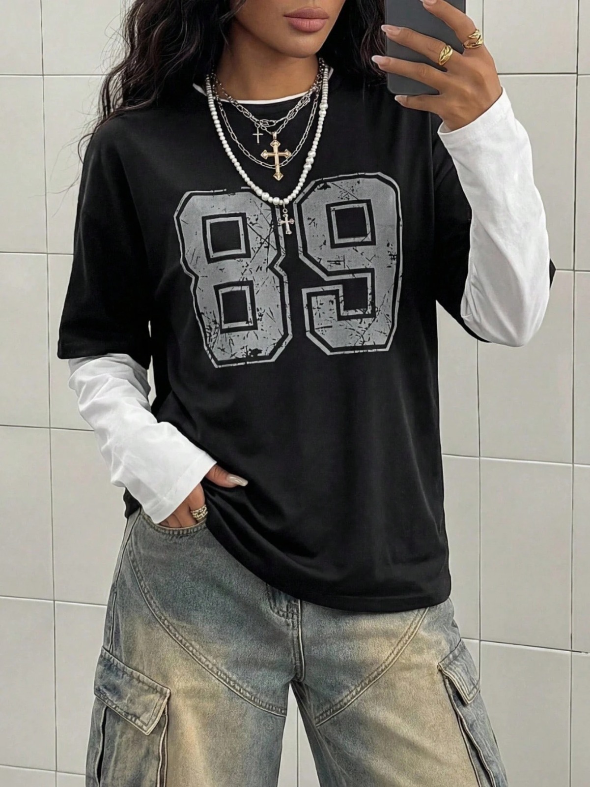 Fake Kol Uzun Kol Oversize T-Shirt