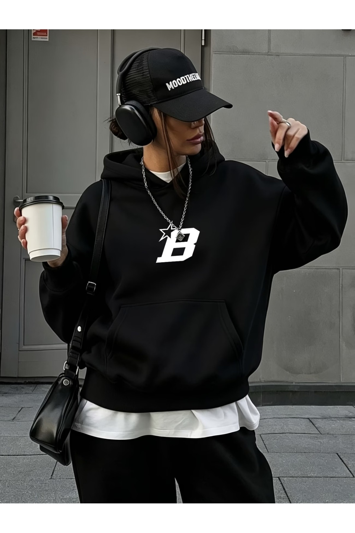 Unisex Baskılı Oversize Kapüşonlu Hoodie