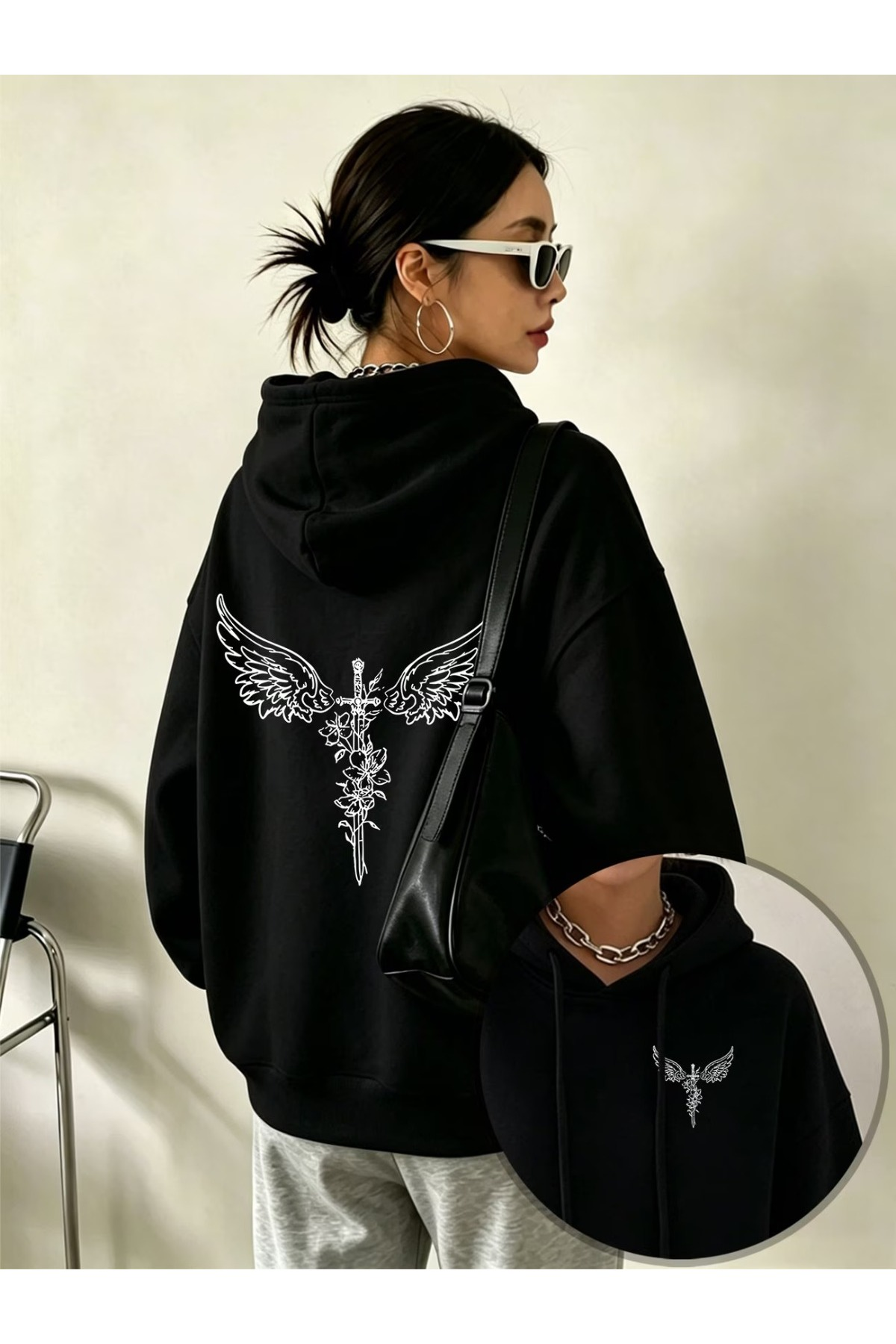Unisex Baskılı Oversize Kapüşonlu Hoodie