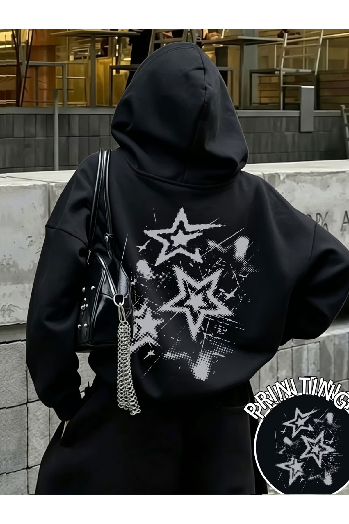 Unisex Baskılı Oversize Kapüşonlu Hoodie