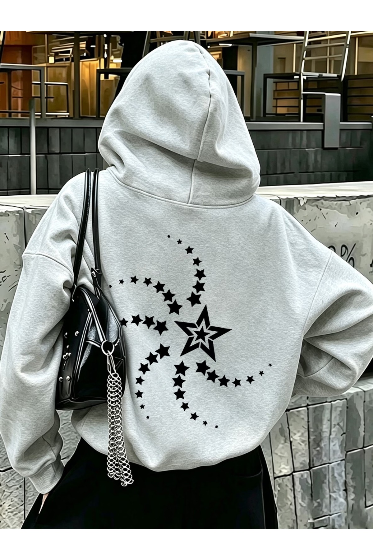 Unisex Baskılı Oversize Kapüşonlu Hoodie