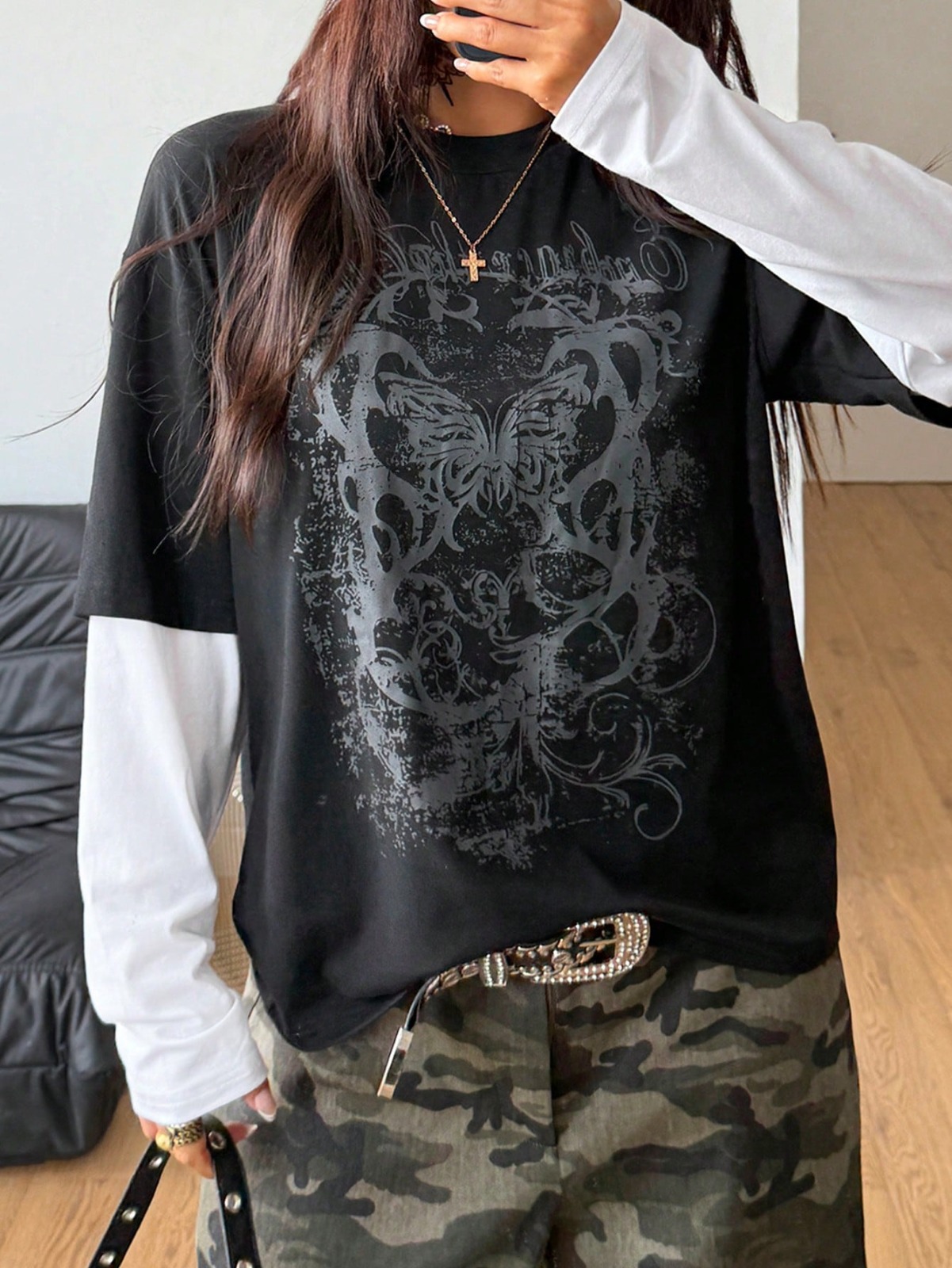 Fake Kol Uzun Kol Oversize T-Shirt