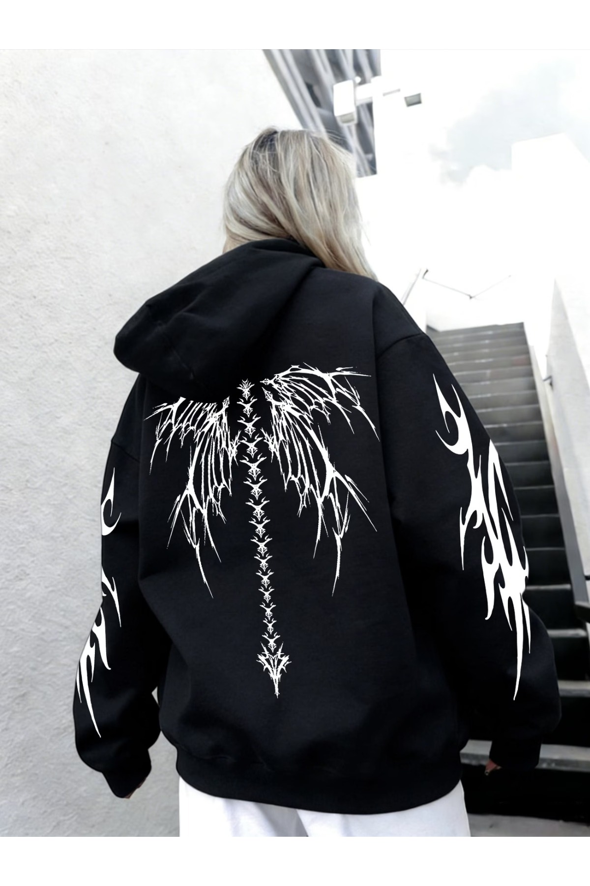 Unisex Baskılı Oversize Kapüşonlu Hoodie
